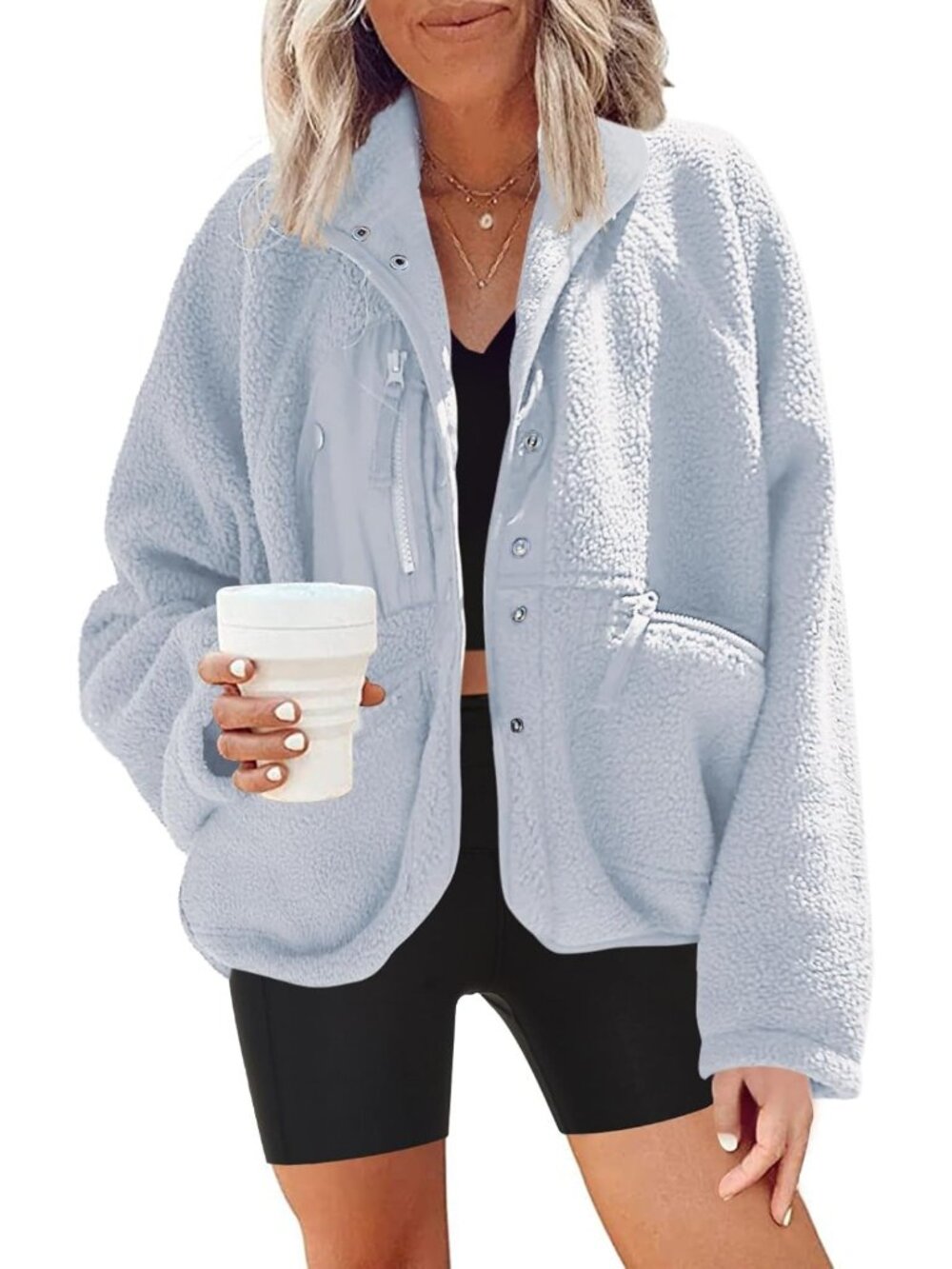 Cozy Women's Fuzzy Sherpa Fleece Jacket with Button Closure - Warm & Stylish